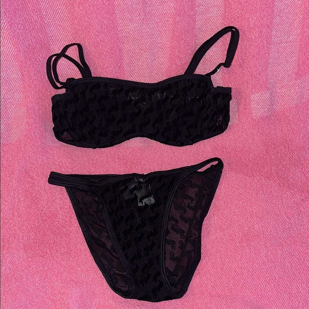 PINK Victoria's Secret Black Logo Mesh Bra and Panty